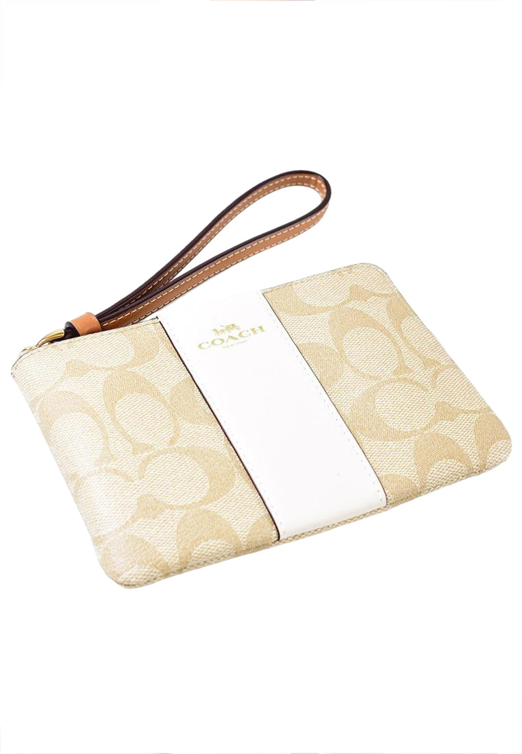 Coach Corner Zip Wristlet In Signature Canvas With Stripe - Light Brown/White