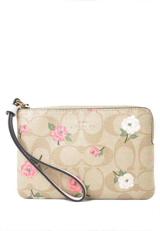 Coach Corner Zip Wristlet In Signature Canvas With Floral Print - Light Brown