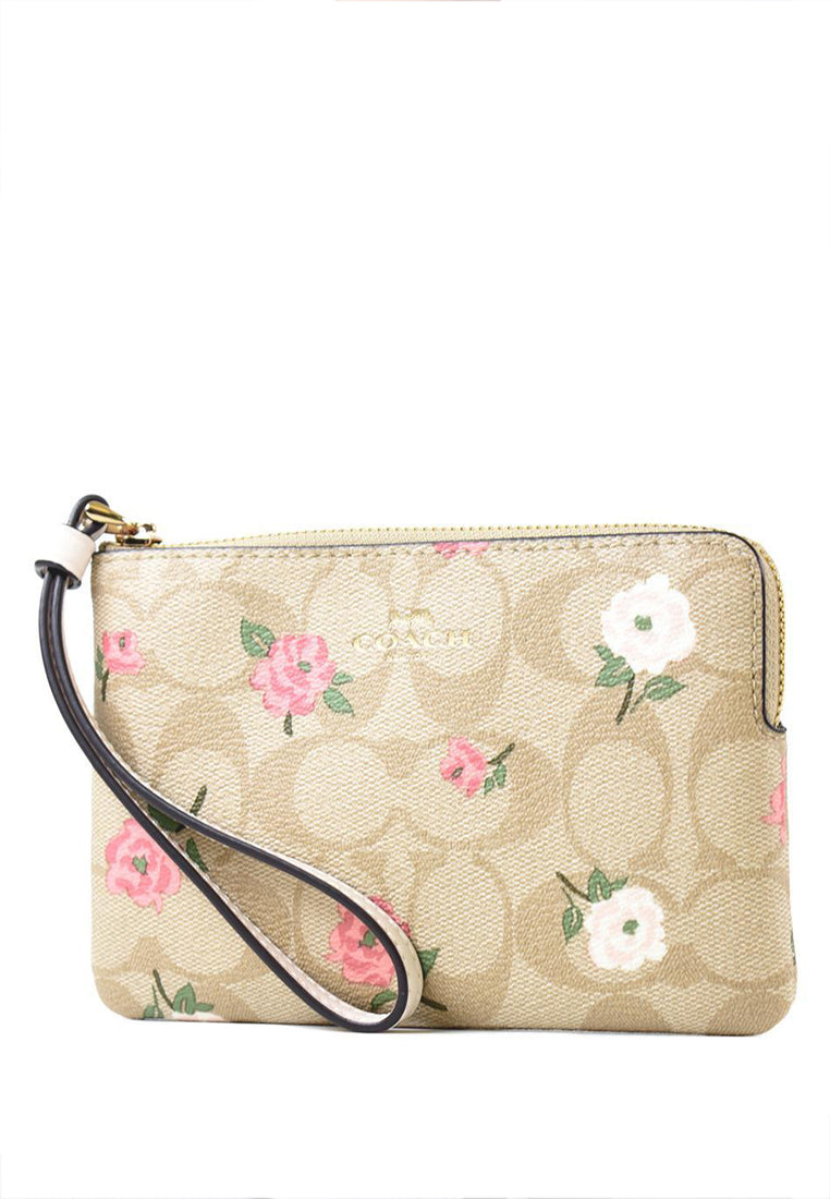 Coach Corner Zip Wristlet In Signature Canvas With Floral Print - Light Brown