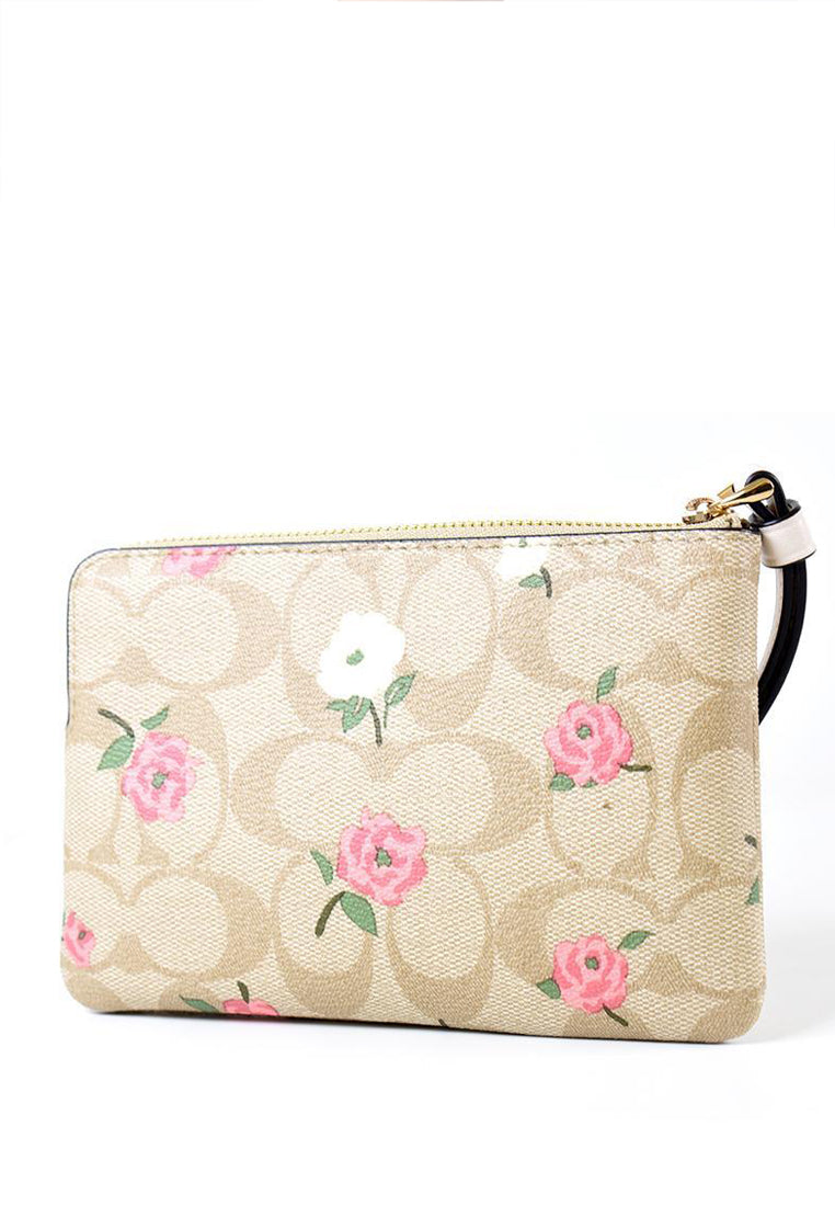 Coach Corner Zip Wristlet In Signature Canvas With Floral Print - Light Brown