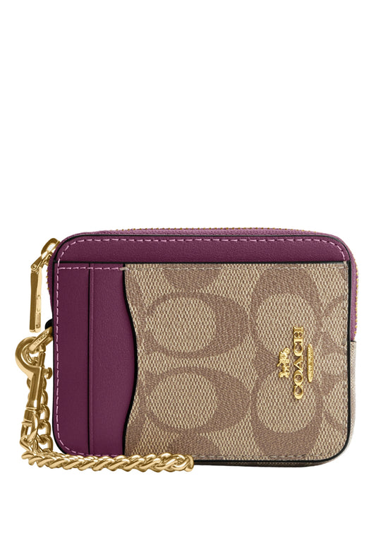 Coach Zip Card Case In Signature Canvas - Brown/Deep Berry