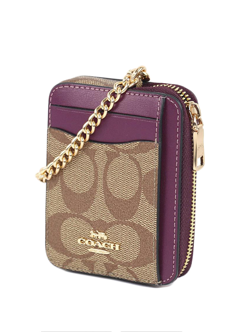 Coach Zip Card Case In Signature Canvas - Brown/Deep Berry