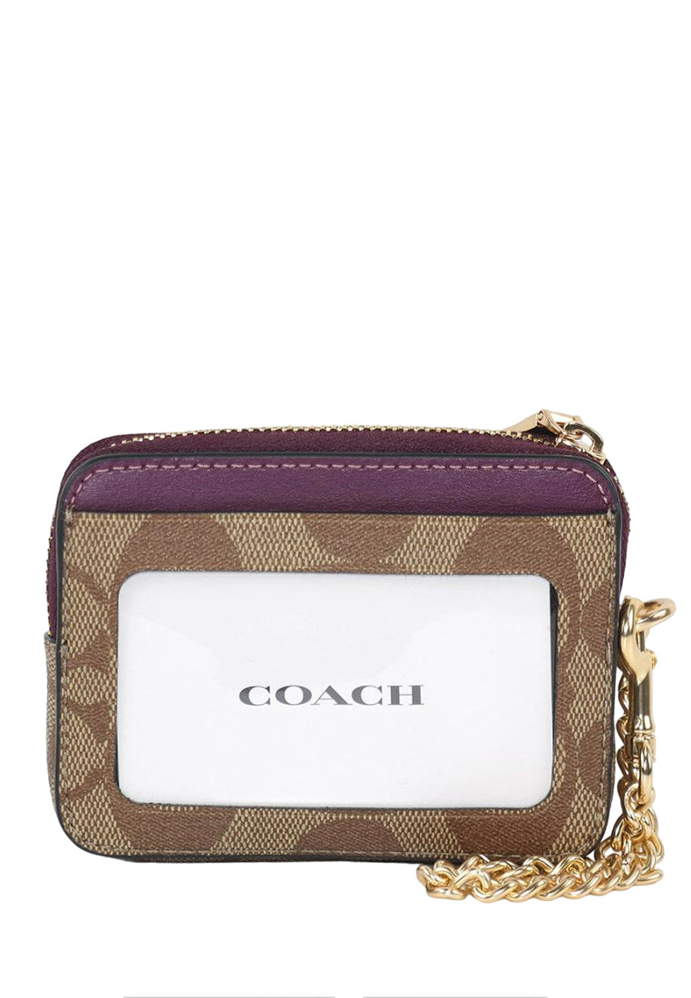 Coach Zip Card Case In Signature Canvas - Brown/Deep Berry