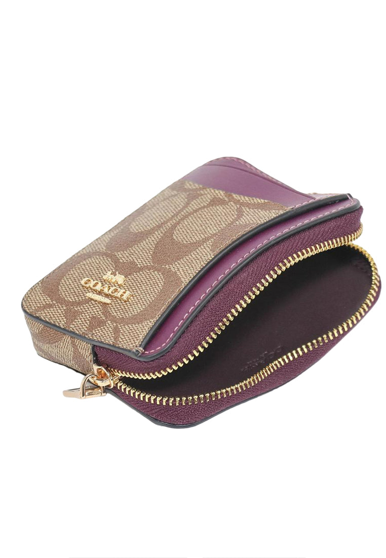 Coach Zip Card Case In Signature Canvas - Brown/Deep Berry