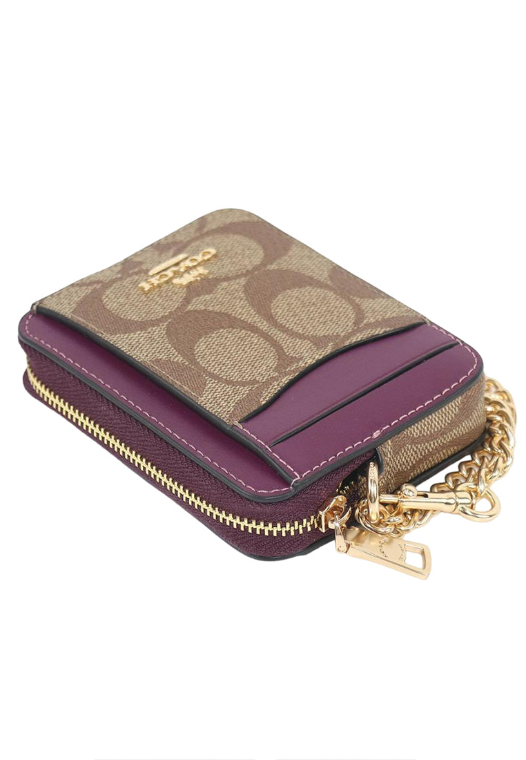 Coach Zip Card Case In Signature Canvas - Brown/Deep Berry