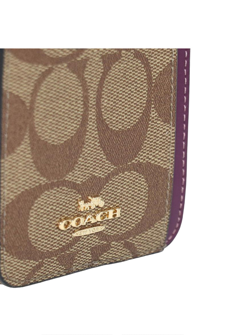 Coach Zip Card Case In Signature Canvas - Brown/Deep Berry