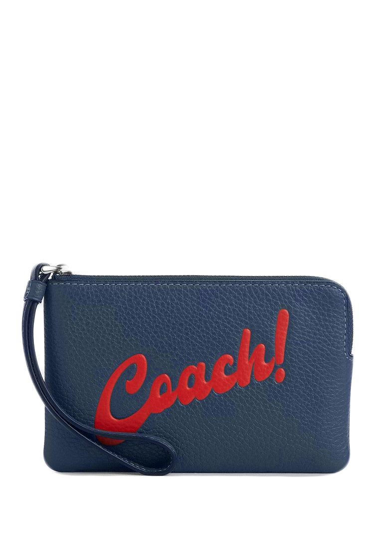 Coach Corner Zip Wristlet With Coach Graphic - Denim