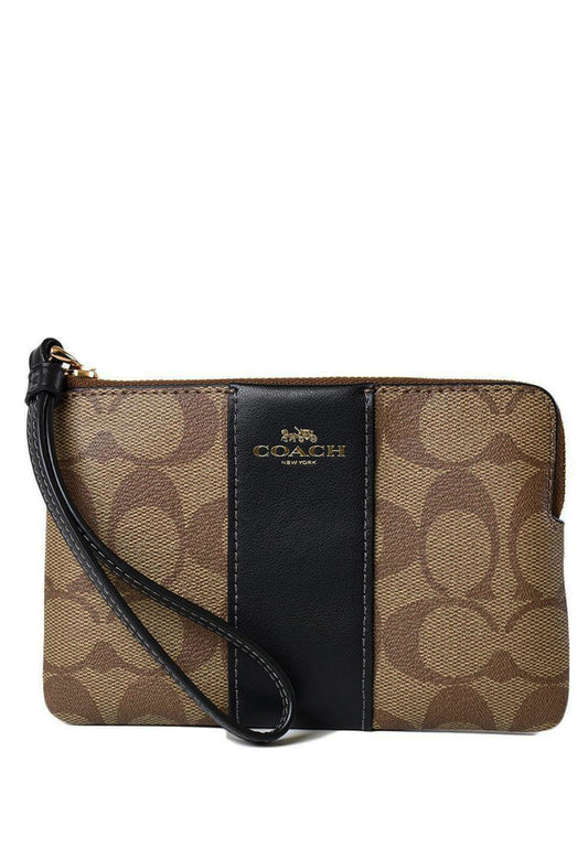 Coach Corner Zip Wristlet in Signature Canvas - Khaki/Black