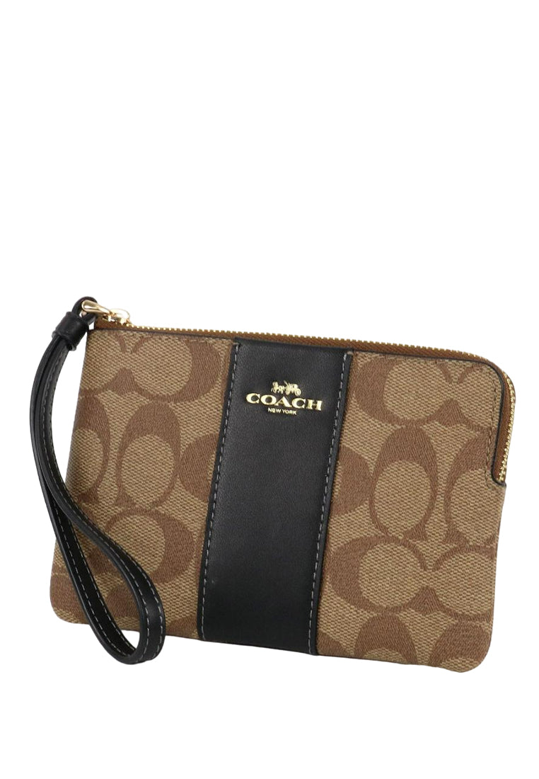 Coach Corner Zip Wristlet in Signature Canvas - Khaki/Black