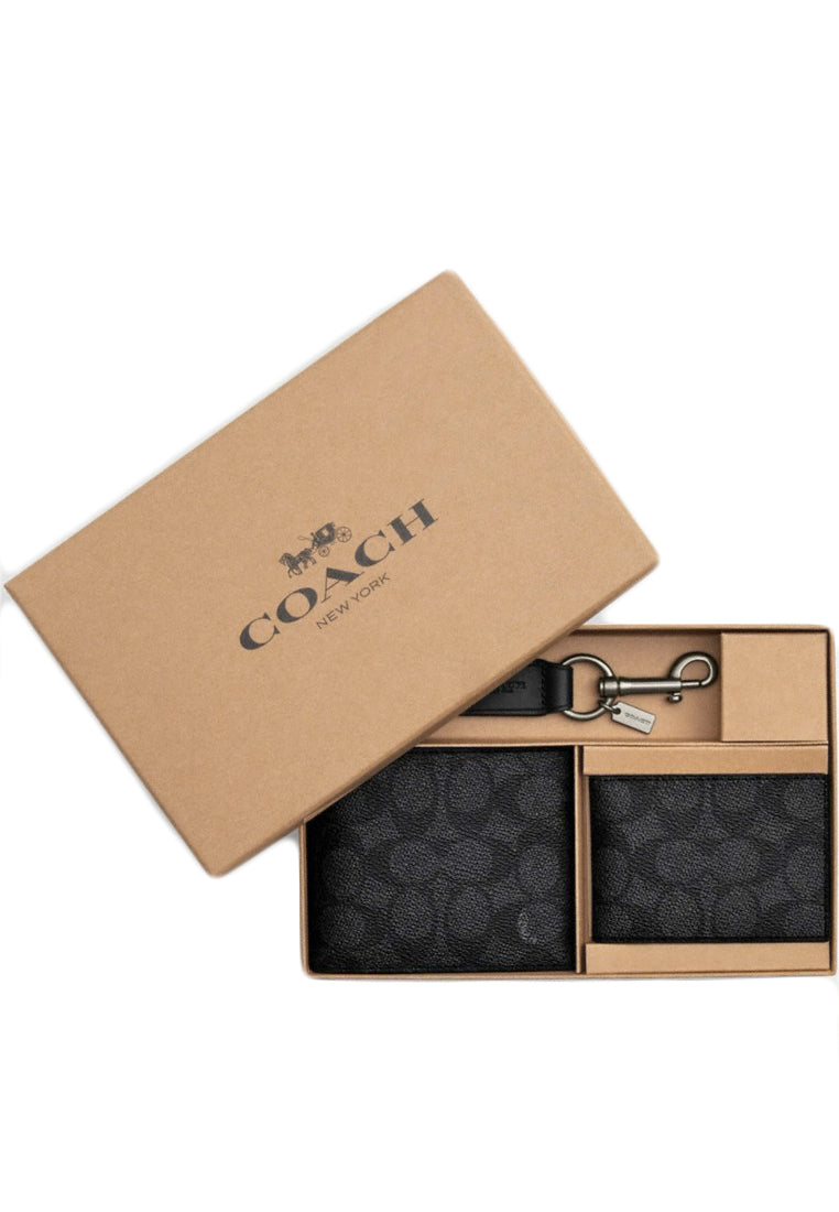 Coach Mens Boxed 3 In 1 Wallet Gift Set With Signature Canvas - Black