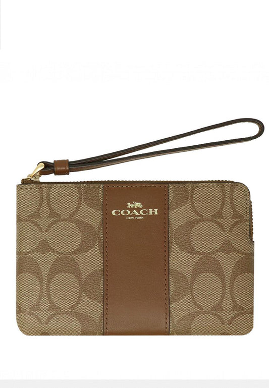 Coach Corner Zip Wristlet in Signature Canvas - Khaki/Brown