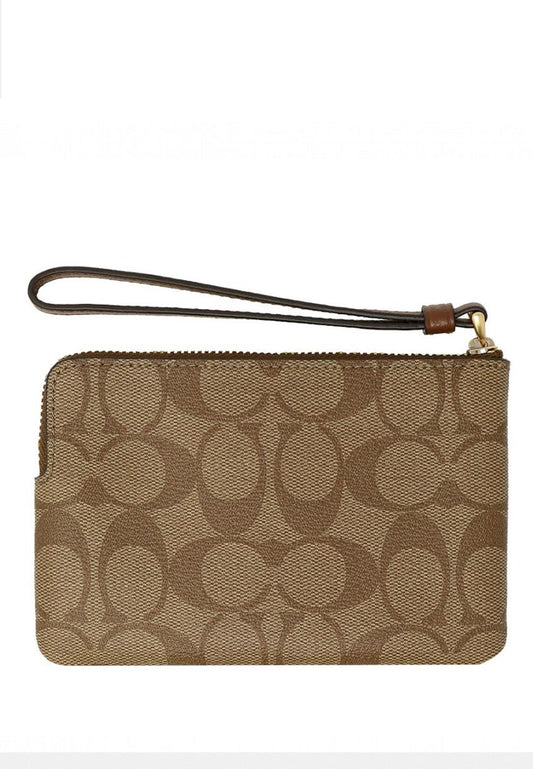 Coach Corner Zip Wristlet in Signature Canvas - Khaki/Brown