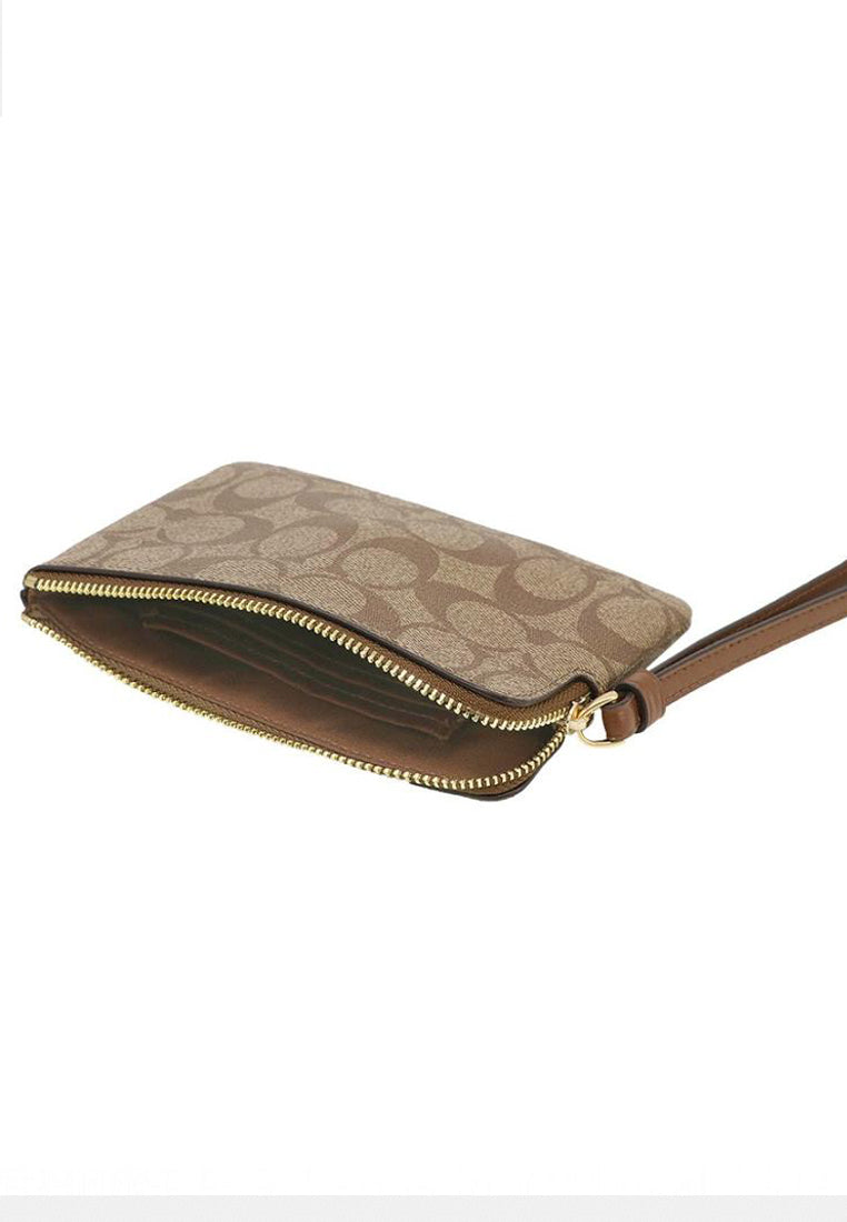 Coach Corner Zip Wristlet in Signature Canvas - Khaki/Brown