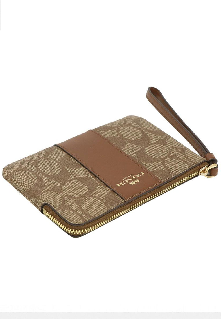 Coach Corner Zip Wristlet in Signature Canvas - Khaki/Brown