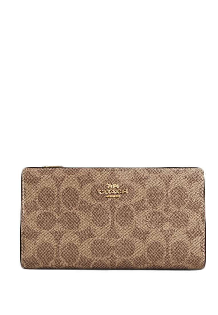 Coach Slim Zip Wallet In Signature Canvas - Tan Brown