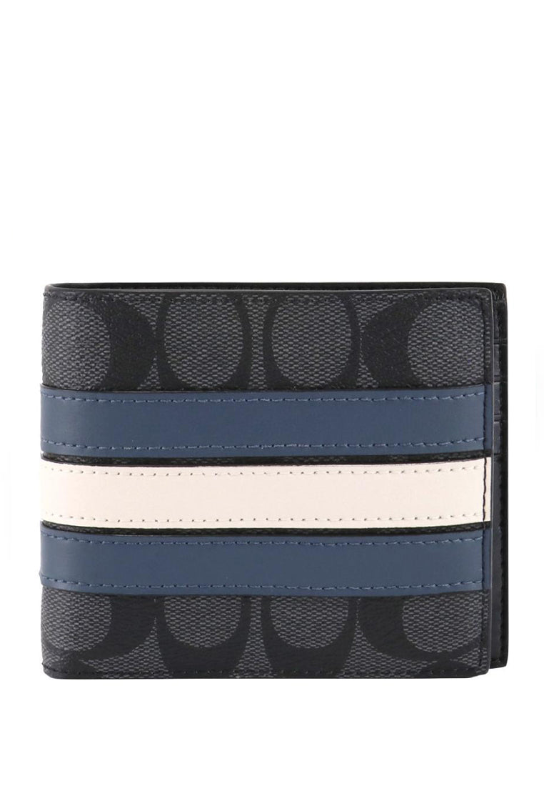 Coach Mens 3 In 1 Wallet In Signature Canvas With Varsity Stripe - Black/Blue/White