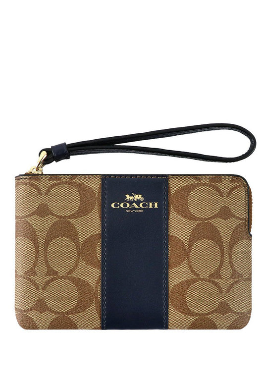 Coach Corner Zip Wristlet In Signature Canvas - Brown/Navy Blue