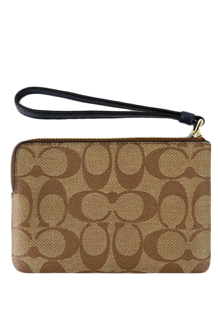 Coach Corner Zip Wristlet In Signature Canvas - Brown/Navy Blue