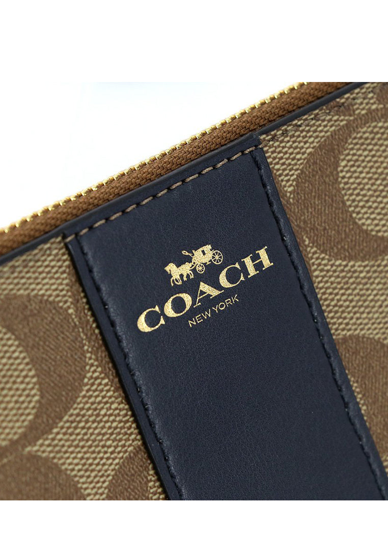 Coach Corner Zip Wristlet In Signature Canvas - Brown/Navy Blue