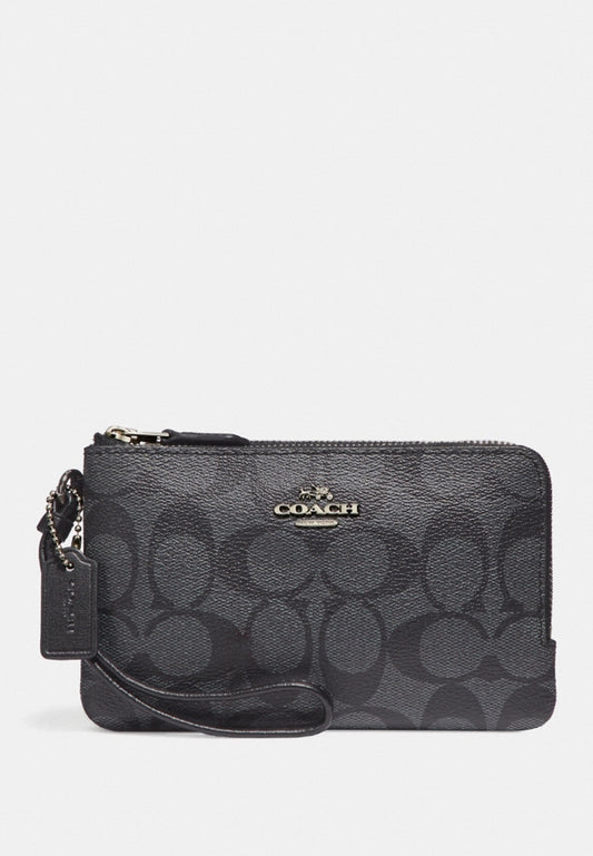 Coach Signature Small Corner Double Zip Wristlet - Black