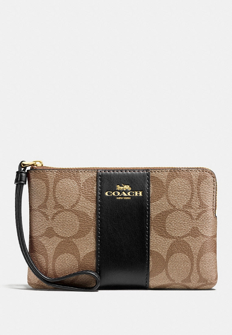 Coach Corner Zip Wristlet In Signature Canvas - Brown/Black