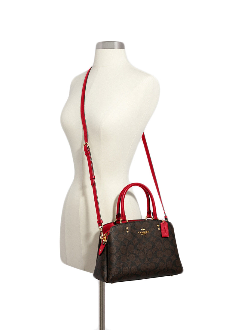 Coach Mini Lillie Carryall In Signature Canvas - Dark Brown/Red