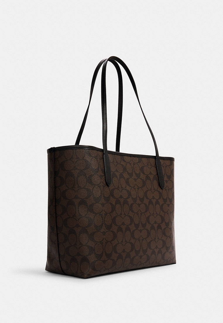 Coach City Tote In Signature Canvas - Dark Brown