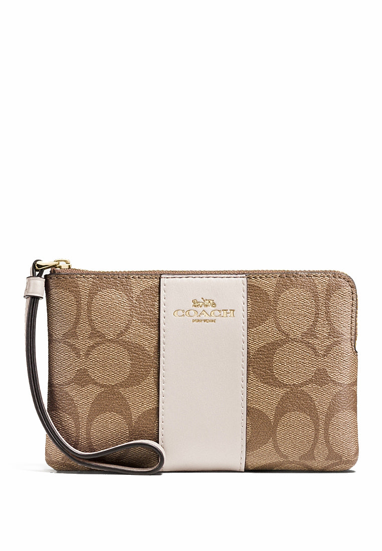 Coach Corner Zip Small Wristlet In Signature Canvas - Brown/White