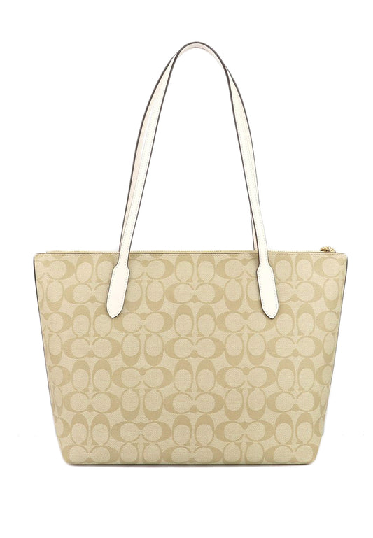 Coach Zip Top Tote In Signature Light Brown/White - Brown