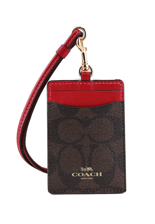 Coach ID Lanyard In Signature - Dark Brown/Red