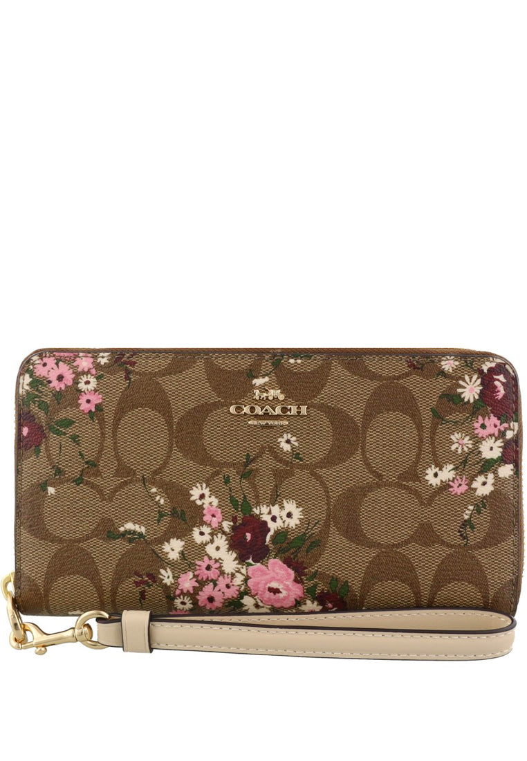 Coach Long Zip Around Wallet In Signature Canvas With Evergreen Floral Print - Brown