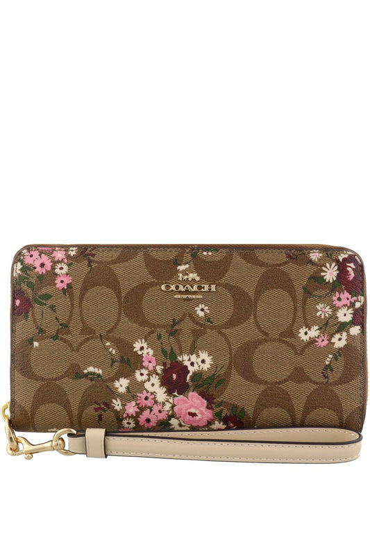 Coach Long Zip Around Wallet In Signature Canvas With Evergreen Floral Print - Brown