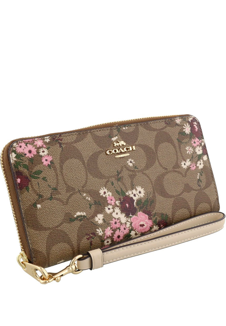 Coach Long Zip Around Wallet In Signature Canvas With Evergreen Floral Print - Brown