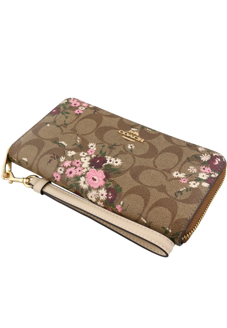 Coach Long Zip Around Wallet In Signature Canvas With Evergreen Floral Print - Brown