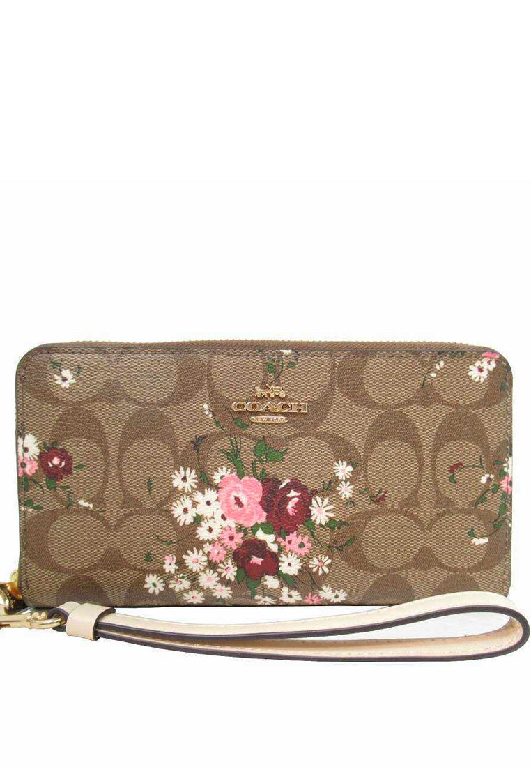 Coach Long Zip Around Wallet In Signature Canvas With Evergreen Floral Print - Brown