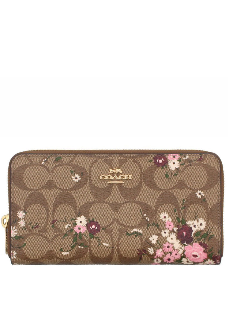 Coach Long Zip Around Wallet In Signature Canvas With Evergreen Floral Print - Brown