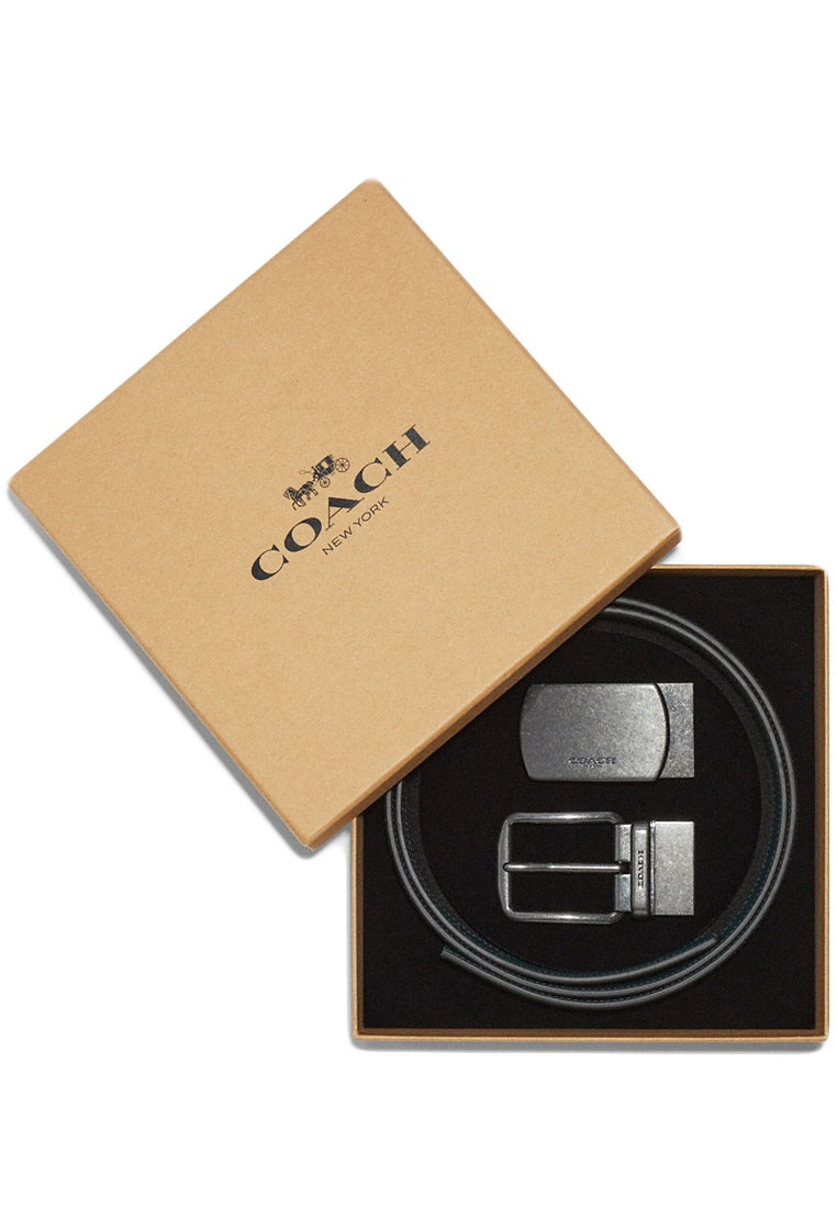 Coach Boxed Plaque And Harness Buckle Cut To Size Reversible Belt 38mm - Black