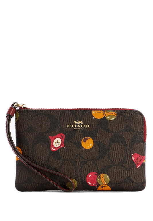 Coach Corner Zip Wristlet In Signature Canvas With Ornament Print - Dark Brown