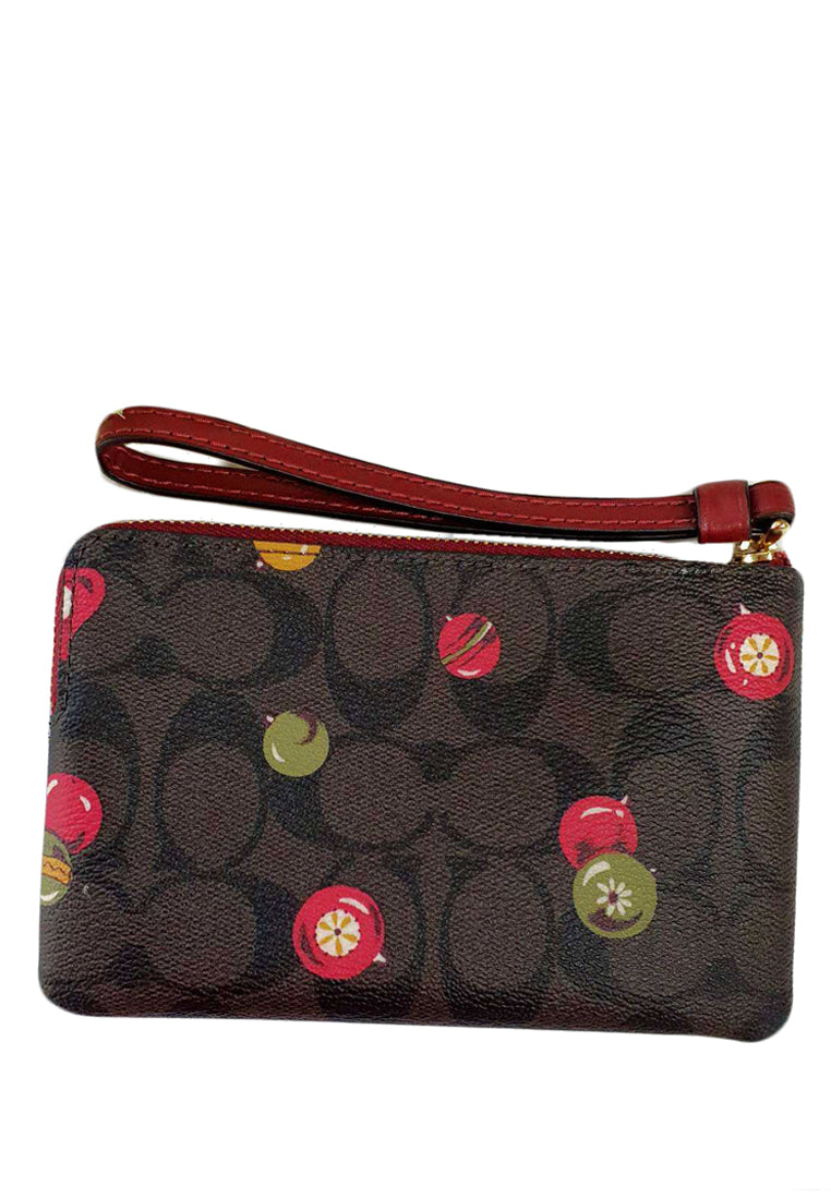 Coach Corner Zip Wristlet In Signature Canvas With Ornament Print - Dark Brown