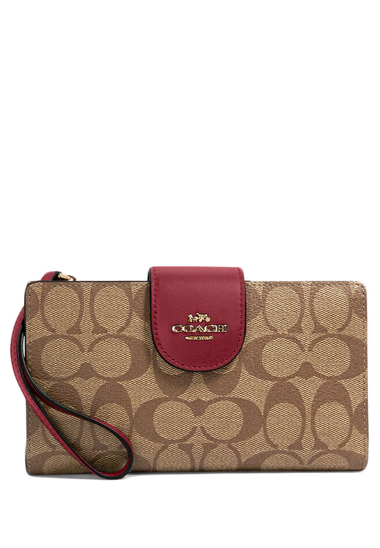 Coach Tech Wallet In Colorblock Signature Canvas - Brown/Cherry