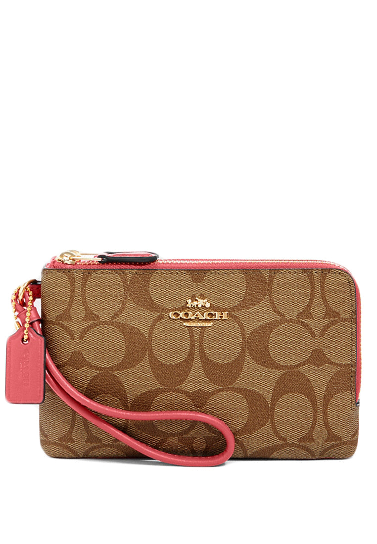 Coach Small Corner Double Zip Wristlet - Brown/Pink