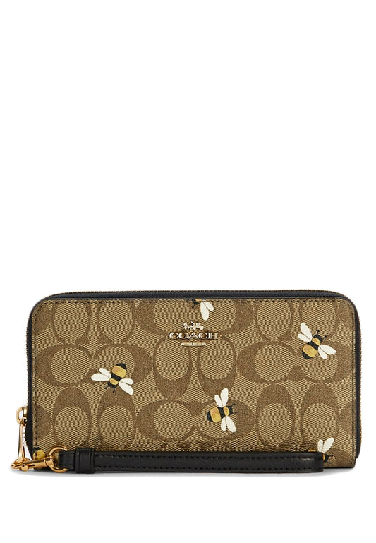 Coach Long Zip Around Wallet In Signature Canvas With Bee Print - Brown