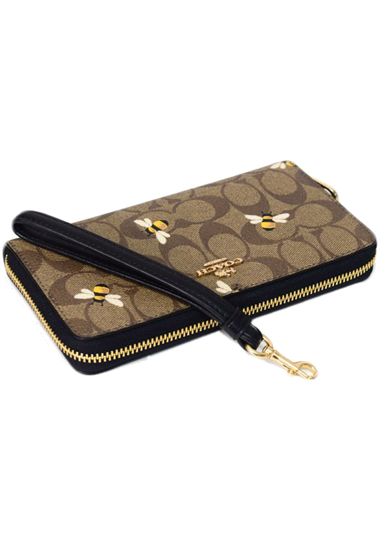 Coach Long Zip Around Wallet In Signature Canvas With Bee Print - Brown