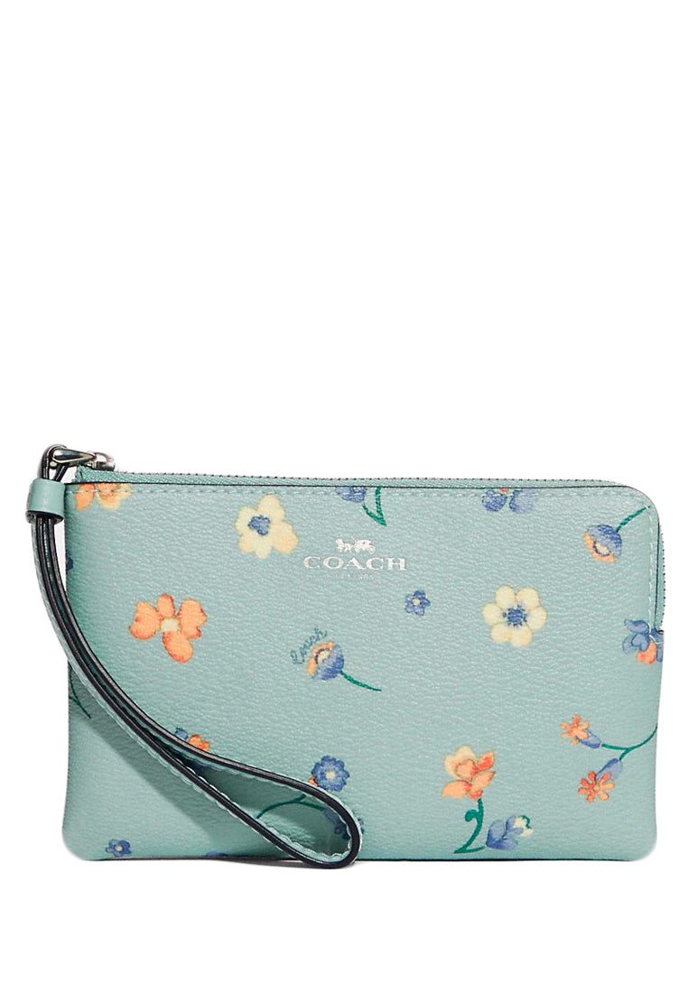 Coach Corner Zip Wristlet With Mystical Floral Print - Light Teal/Multi