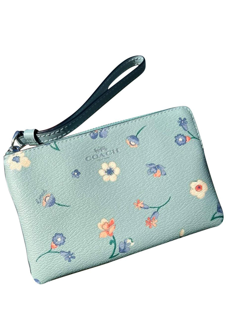 Coach Corner Zip Wristlet With Mystical Floral Print - Light Teal/Multi