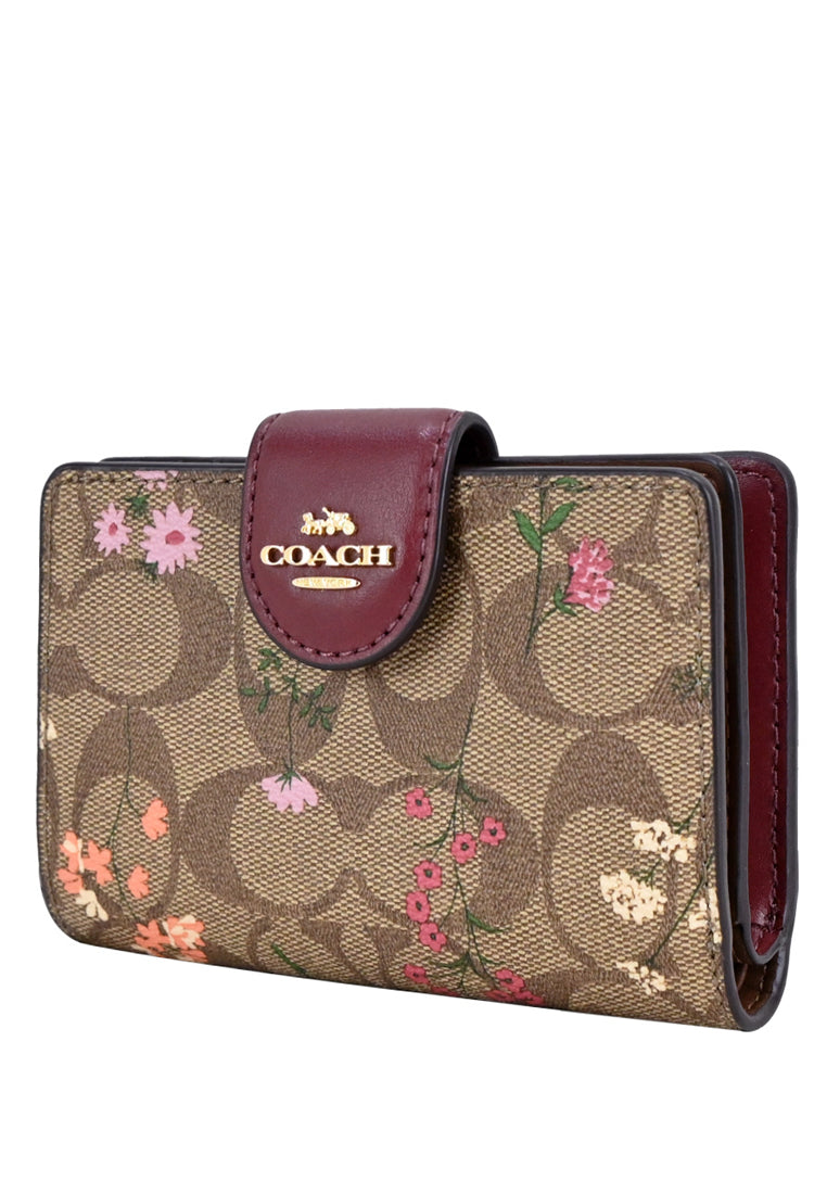 Coach Medium Corner Zip Wallet In Signature Canvas With Wildflower Print - Brown