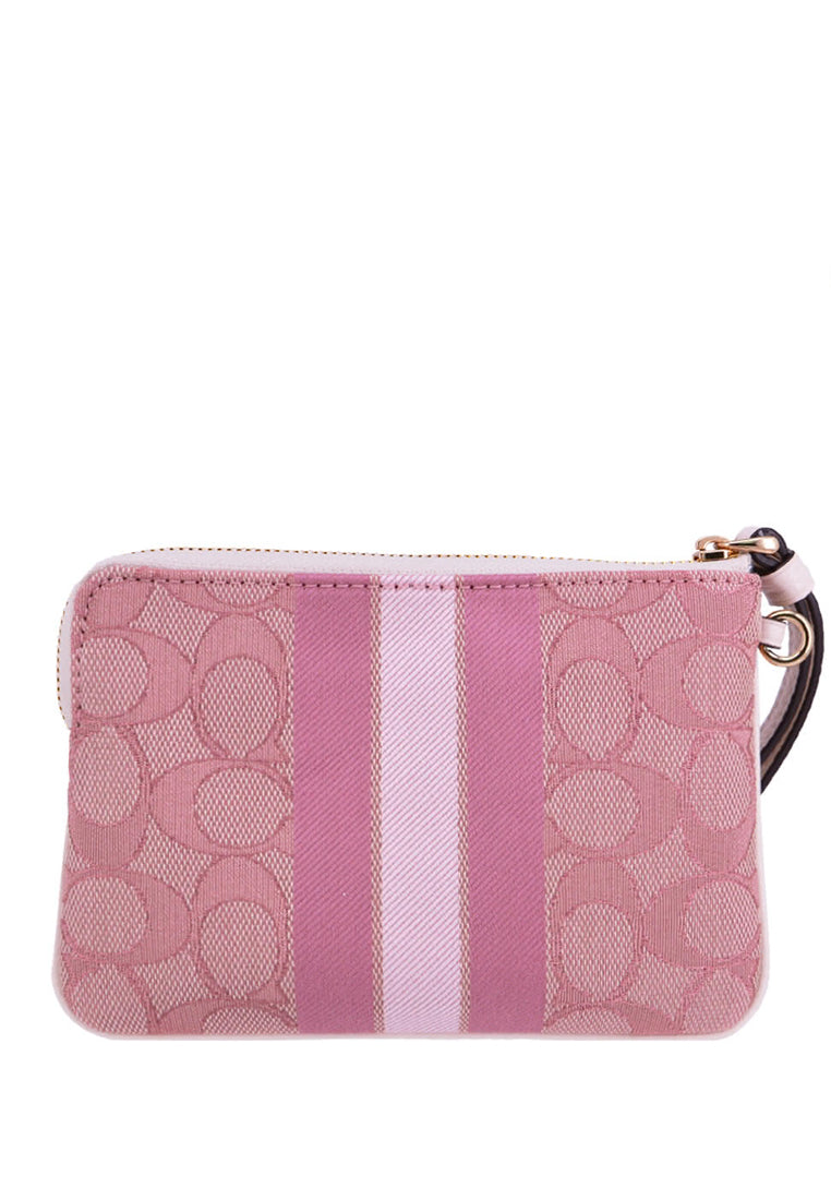 Coach Boxed Dempsey Corner Zip Wristlet In Signature Jacquard With Coach Patch And Stripe - Pink/White