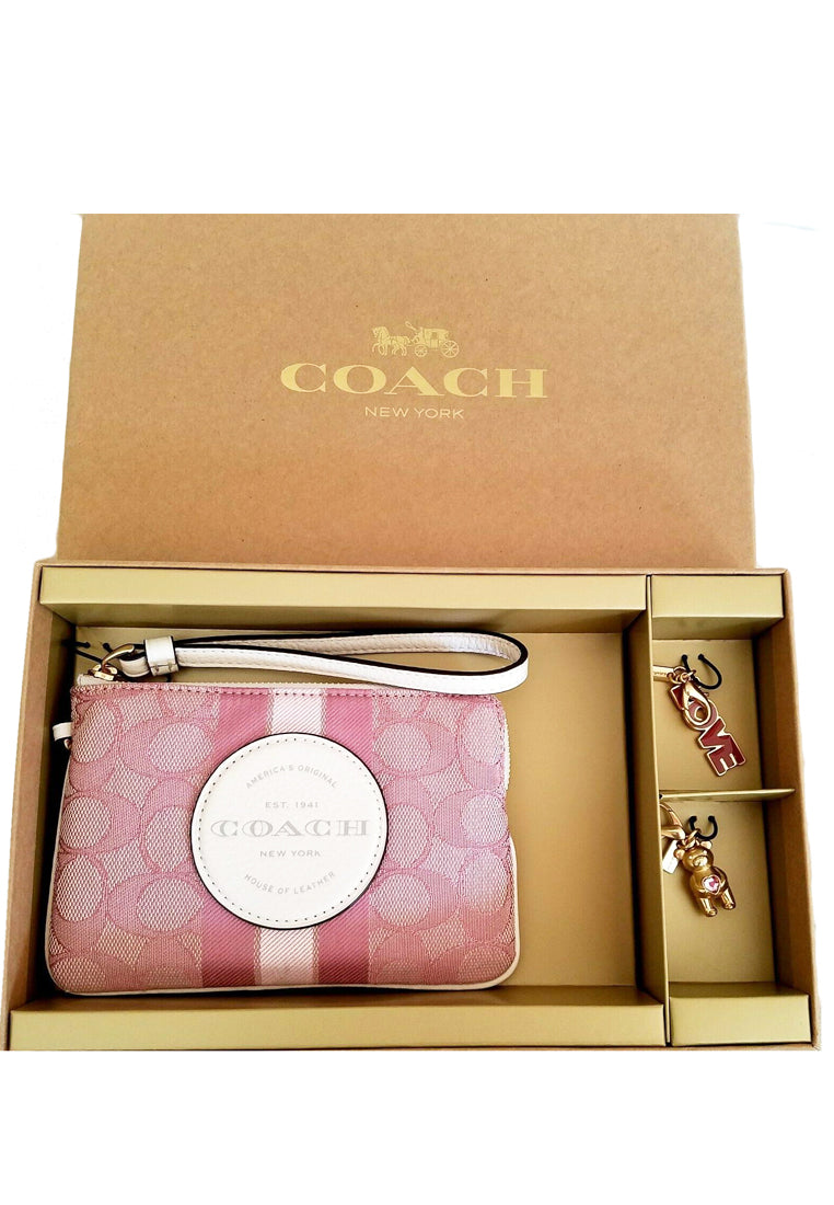 Coach Boxed Dempsey Corner Zip Wristlet In Signature Jacquard With Coach Patch And Stripe - Pink/White