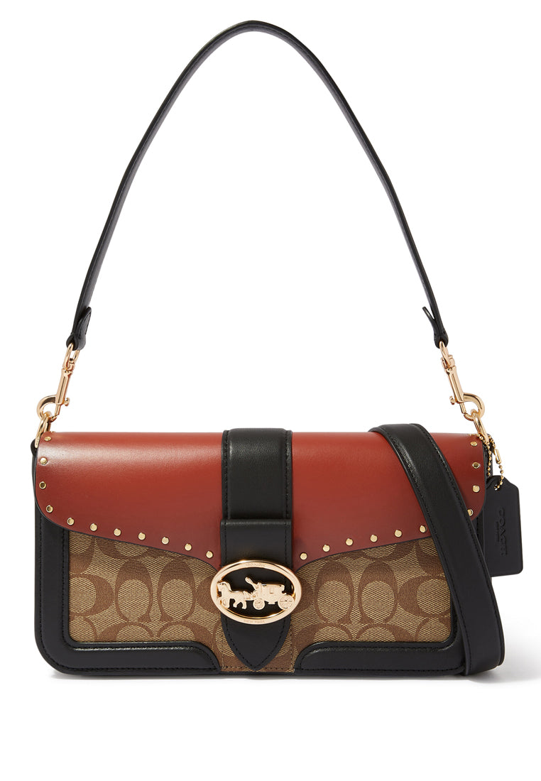 Coach Georgie Shoulder Bag In Colorblock Signature Canvas With Rivets - Brown/Terracotta