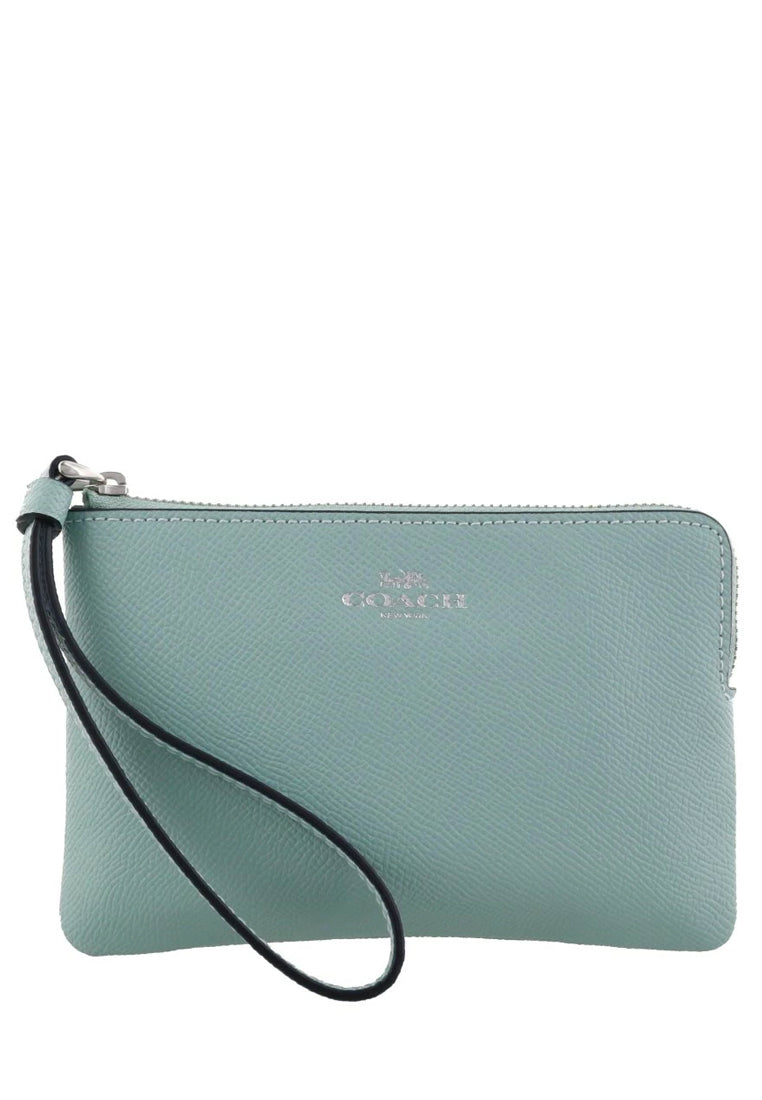 Coach Corner Zip Wristlet In Crossgrain Leather - Light Teal